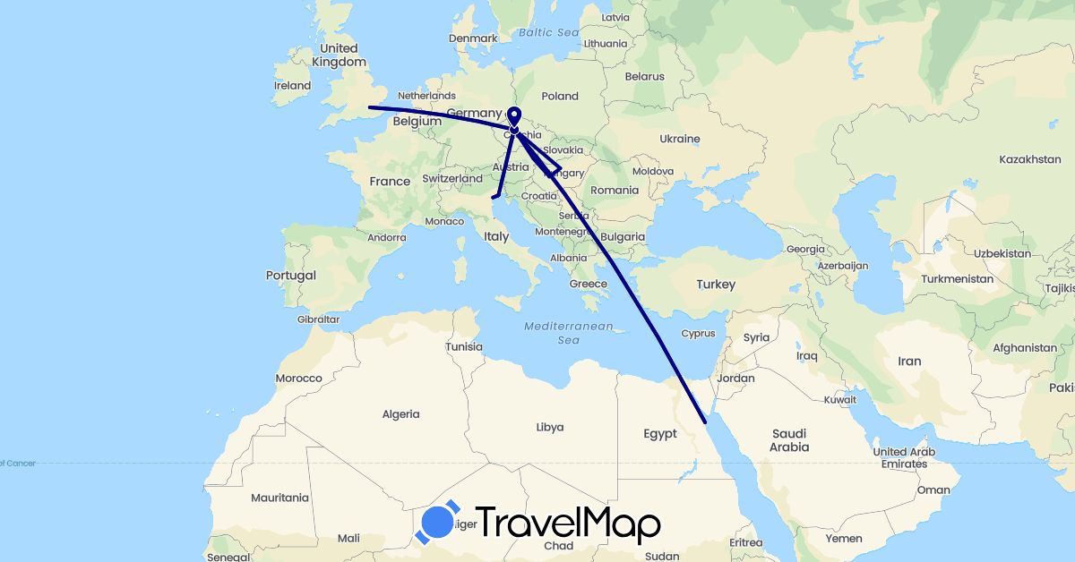TravelMap itinerary: driving in Austria, Czech Republic, Germany, Egypt, United Kingdom, Hungary, Italy (Africa, Europe)